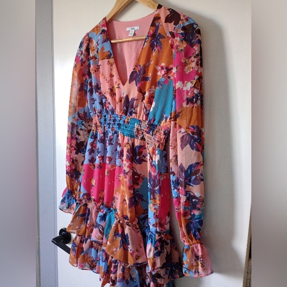 Floral Multicolor Patchwork Style Mini Dress with Ruffles Size XS - Picture 7 of 13